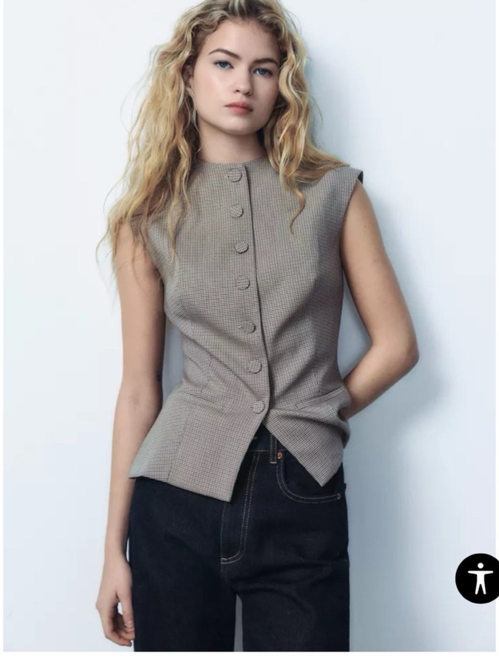 Zara Sleeveless Button-Front Vest Top Taupe Check